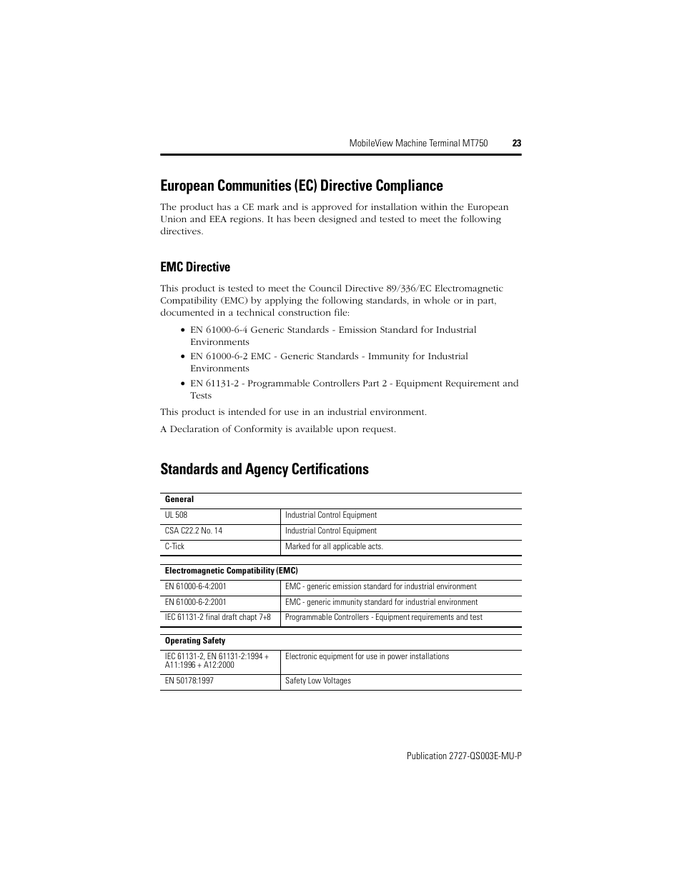 European communities (ec) directive compliance, Emc directive, Standards and agency certifications | Rockwell Automation 2727-M7P20D1P1, -M7P20D1Q2, -M7P20D1Q3 MobileView Machine Terminal MT750 Quick Start User Manual | Page 23 / 148
