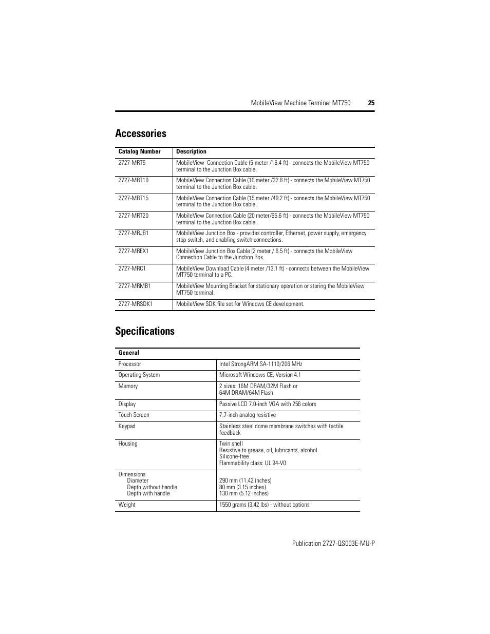 Accessories, Specifications, Accessories specifications | Rockwell Automation 2727-M7P20D1P1, -M7P20D1Q2, -M7P20D1Q3 MobileView Machine Terminal MT750 Quick Start User Manual | Page 25 / 148