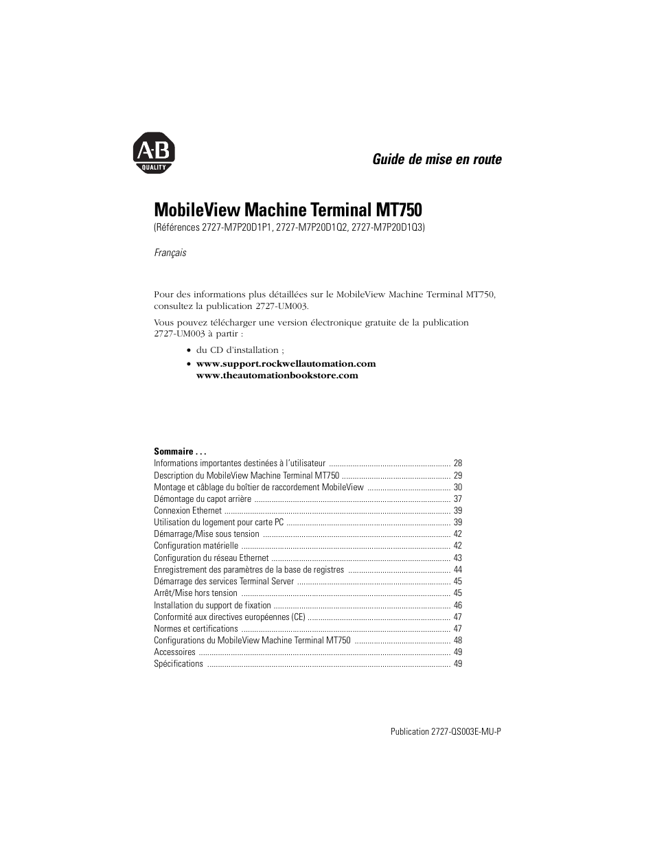 Français, Mobileview machine terminal mt750, Guide de mise en route | Rockwell Automation 2727-M7P20D1P1, -M7P20D1Q2, -M7P20D1Q3 MobileView Machine Terminal MT750 Quick Start User Manual | Page 27 / 148