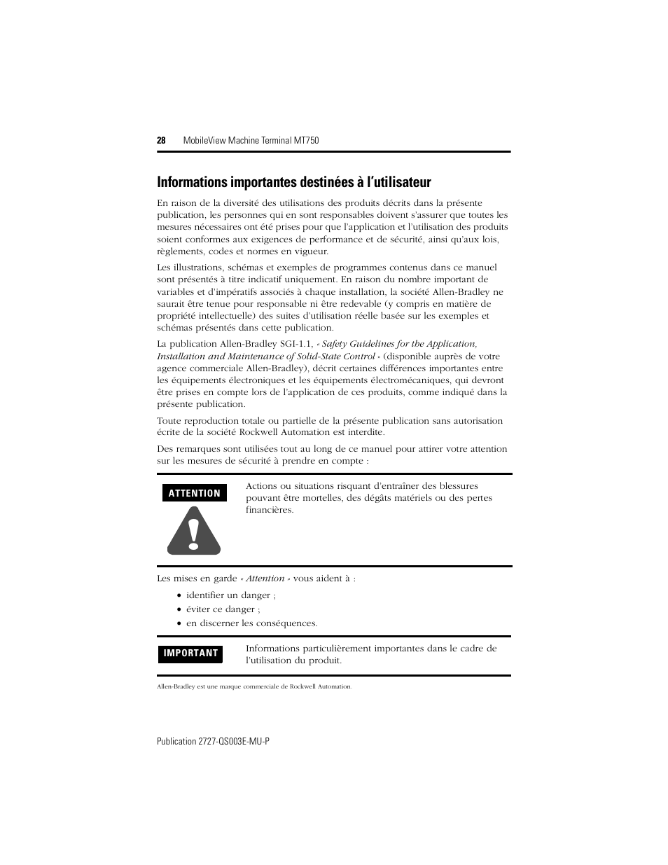 Informations importantes destinées à l’utilisateur | Rockwell Automation 2727-M7P20D1P1, -M7P20D1Q2, -M7P20D1Q3 MobileView Machine Terminal MT750 Quick Start User Manual | Page 28 / 148