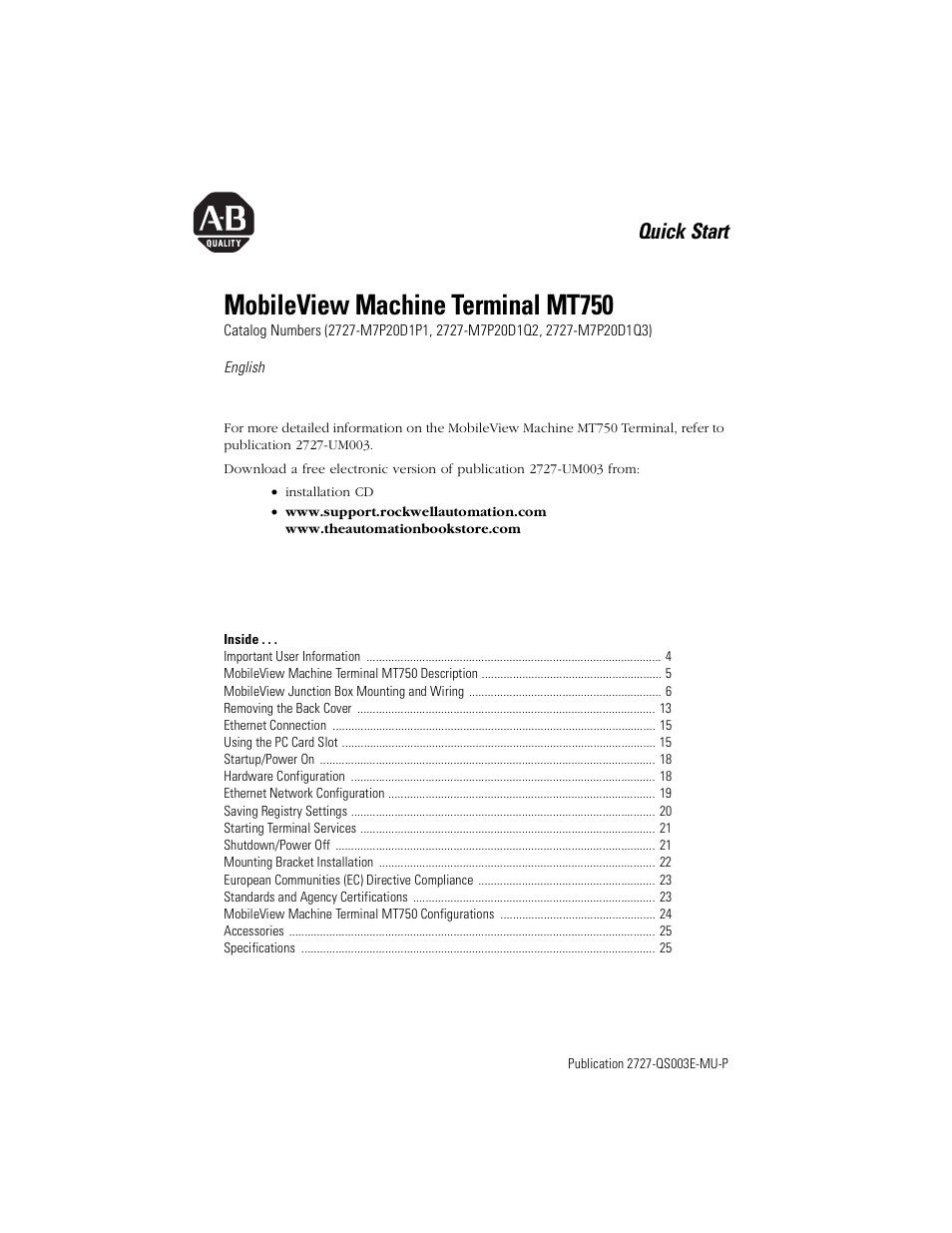 English, Mobileview machine terminal mt750, Quick start | Rockwell Automation 2727-M7P20D1P1, -M7P20D1Q2, -M7P20D1Q3 MobileView Machine Terminal MT750 Quick Start User Manual | Page 3 / 148