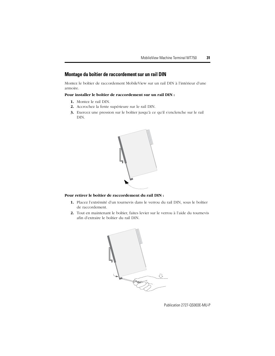 Montage du boîtier de raccordement sur un rail din | Rockwell Automation 2727-M7P20D1P1, -M7P20D1Q2, -M7P20D1Q3 MobileView Machine Terminal MT750 Quick Start User Manual | Page 31 / 148