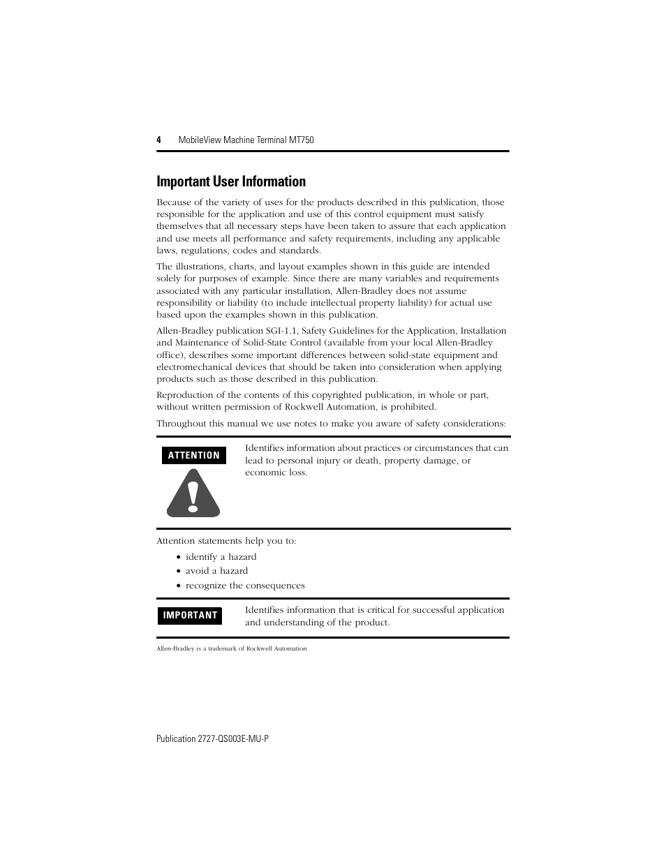 Important user information | Rockwell Automation 2727-M7P20D1P1, -M7P20D1Q2, -M7P20D1Q3 MobileView Machine Terminal MT750 Quick Start User Manual | Page 4 / 148