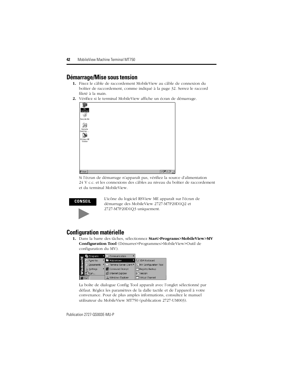Démarrage/mise sous tension, Configuration matérielle | Rockwell Automation 2727-M7P20D1P1, -M7P20D1Q2, -M7P20D1Q3 MobileView Machine Terminal MT750 Quick Start User Manual | Page 42 / 148
