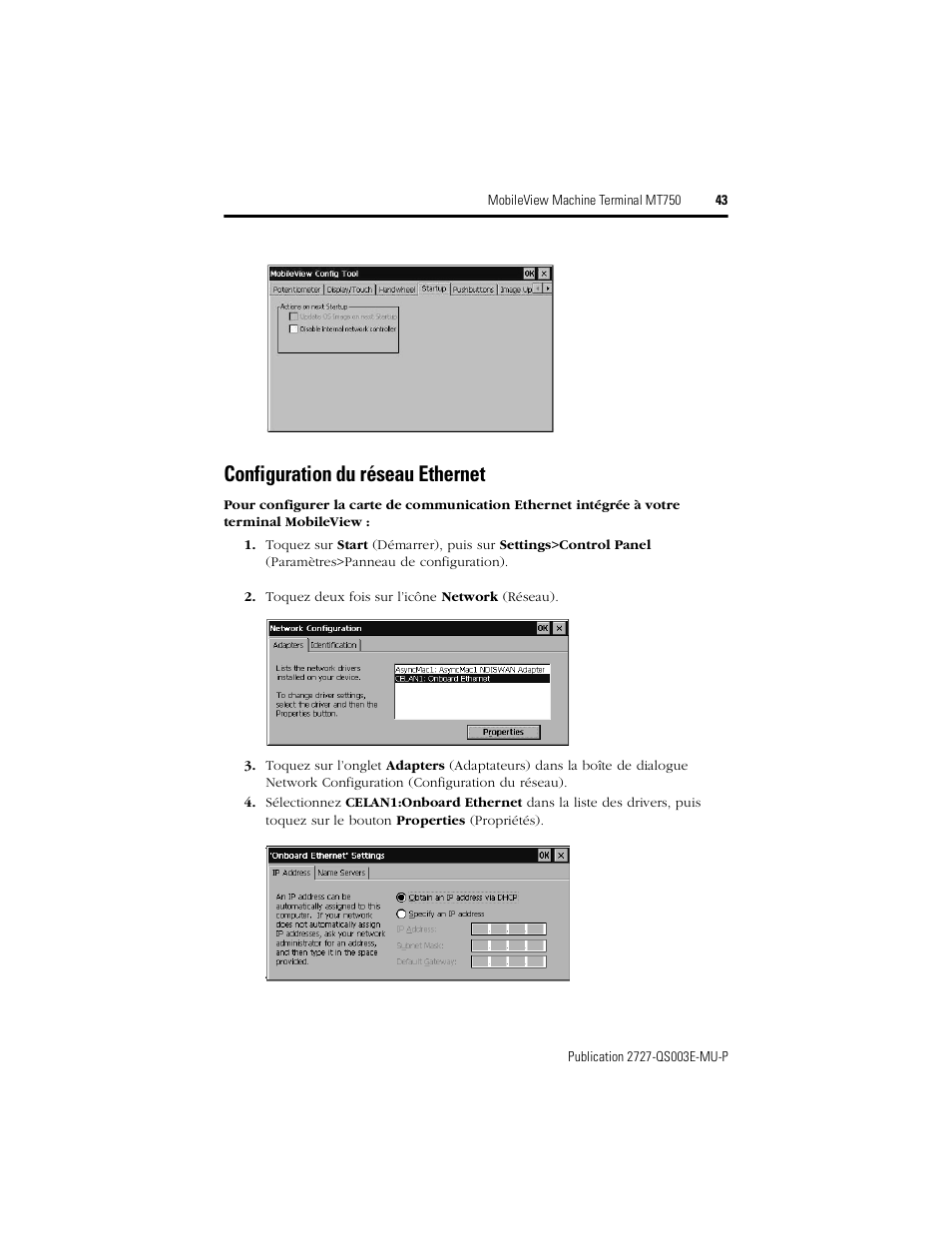 Configuration du réseau ethernet | Rockwell Automation 2727-M7P20D1P1, -M7P20D1Q2, -M7P20D1Q3 MobileView Machine Terminal MT750 Quick Start User Manual | Page 43 / 148