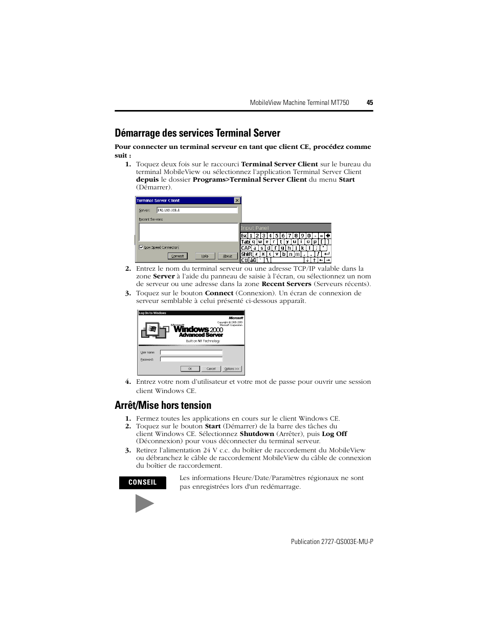 Démarrage des services terminal server, Arrêt/mise hors tension | Rockwell Automation 2727-M7P20D1P1, -M7P20D1Q2, -M7P20D1Q3 MobileView Machine Terminal MT750 Quick Start User Manual | Page 45 / 148