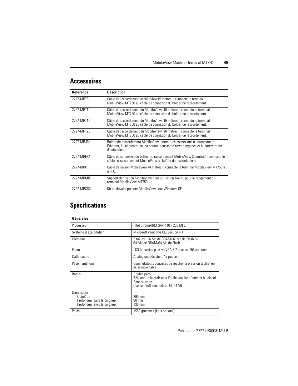 Accessoires, Spécifications, Accessoires spécifications | Rockwell Automation 2727-M7P20D1P1, -M7P20D1Q2, -M7P20D1Q3 MobileView Machine Terminal MT750 Quick Start User Manual | Page 49 / 148