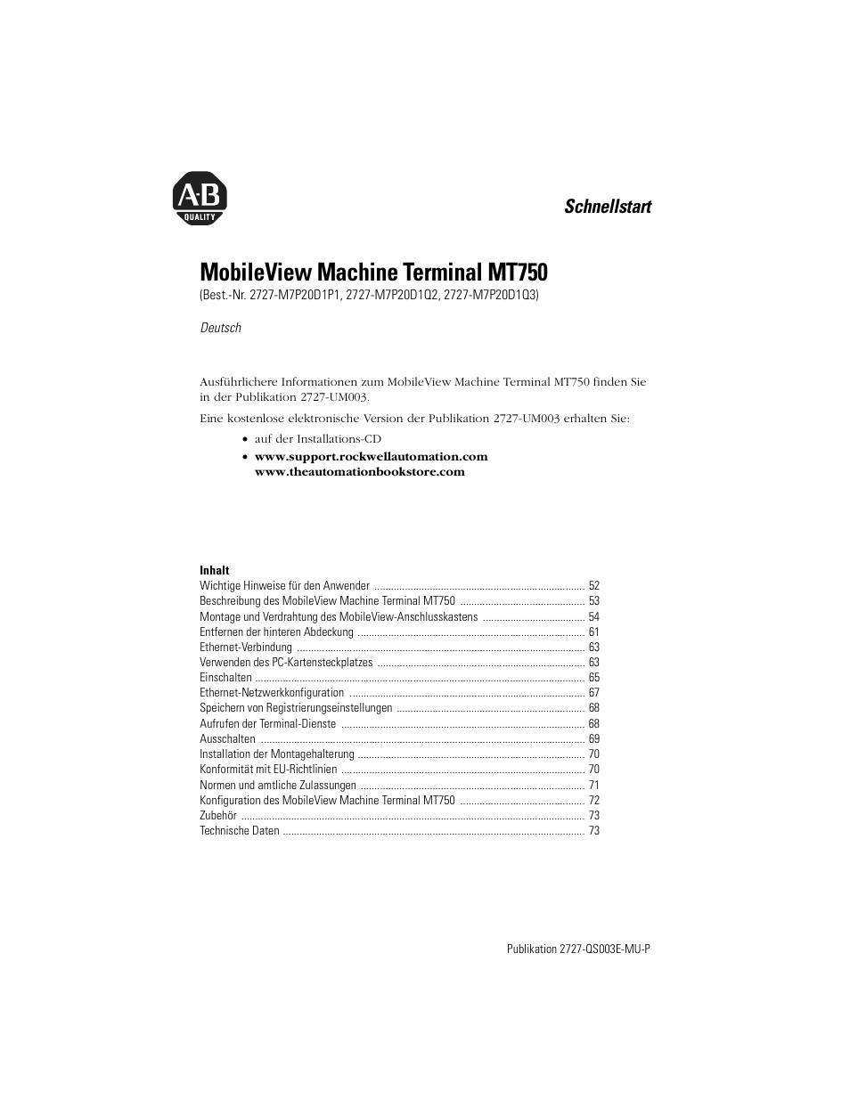 Deutsch, Mobileview machine terminal mt750, Schnellstart | Rockwell Automation 2727-M7P20D1P1, -M7P20D1Q2, -M7P20D1Q3 MobileView Machine Terminal MT750 Quick Start User Manual | Page 51 / 148