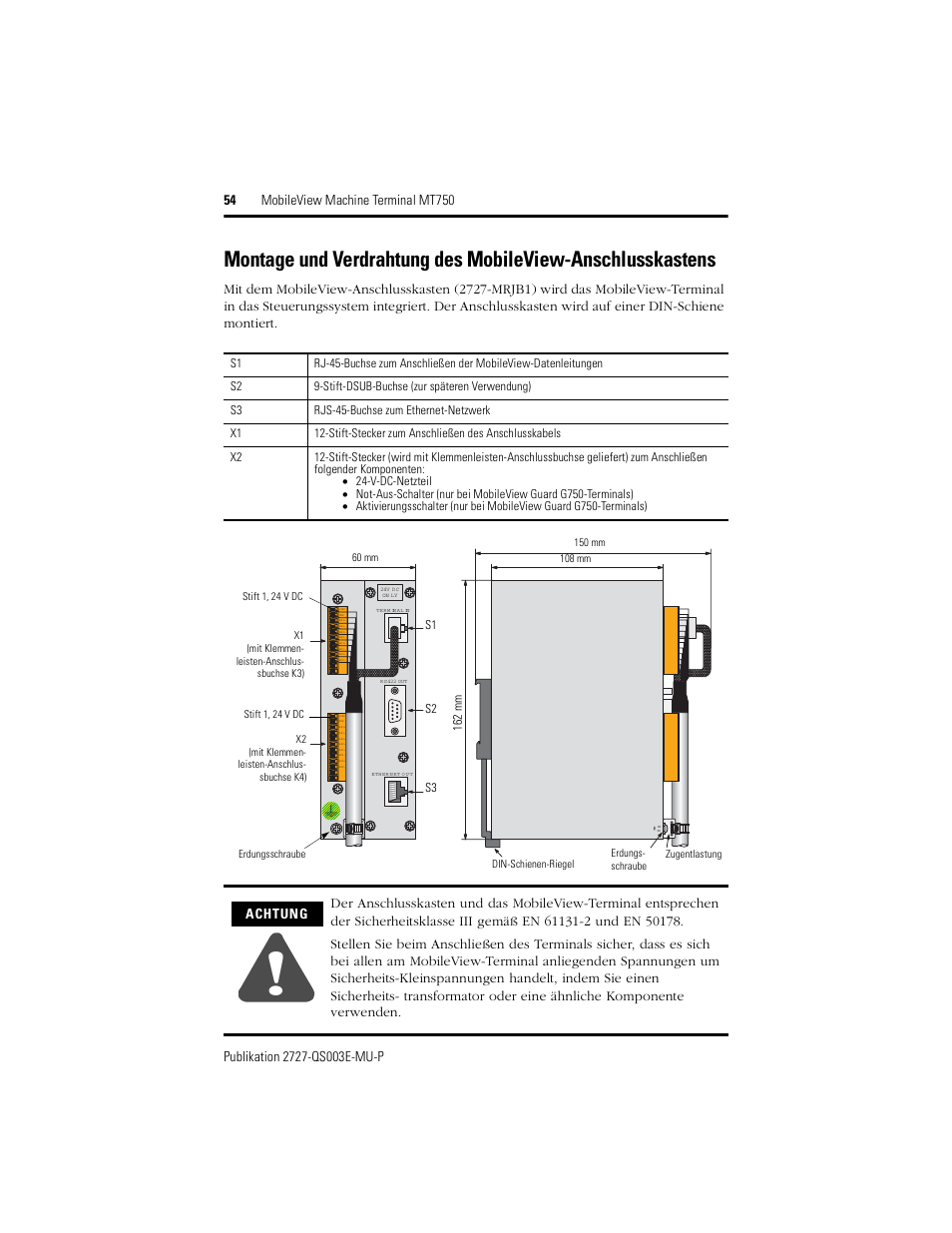 Achtung | Rockwell Automation 2727-M7P20D1P1, -M7P20D1Q2, -M7P20D1Q3 MobileView Machine Terminal MT750 Quick Start User Manual | Page 54 / 148