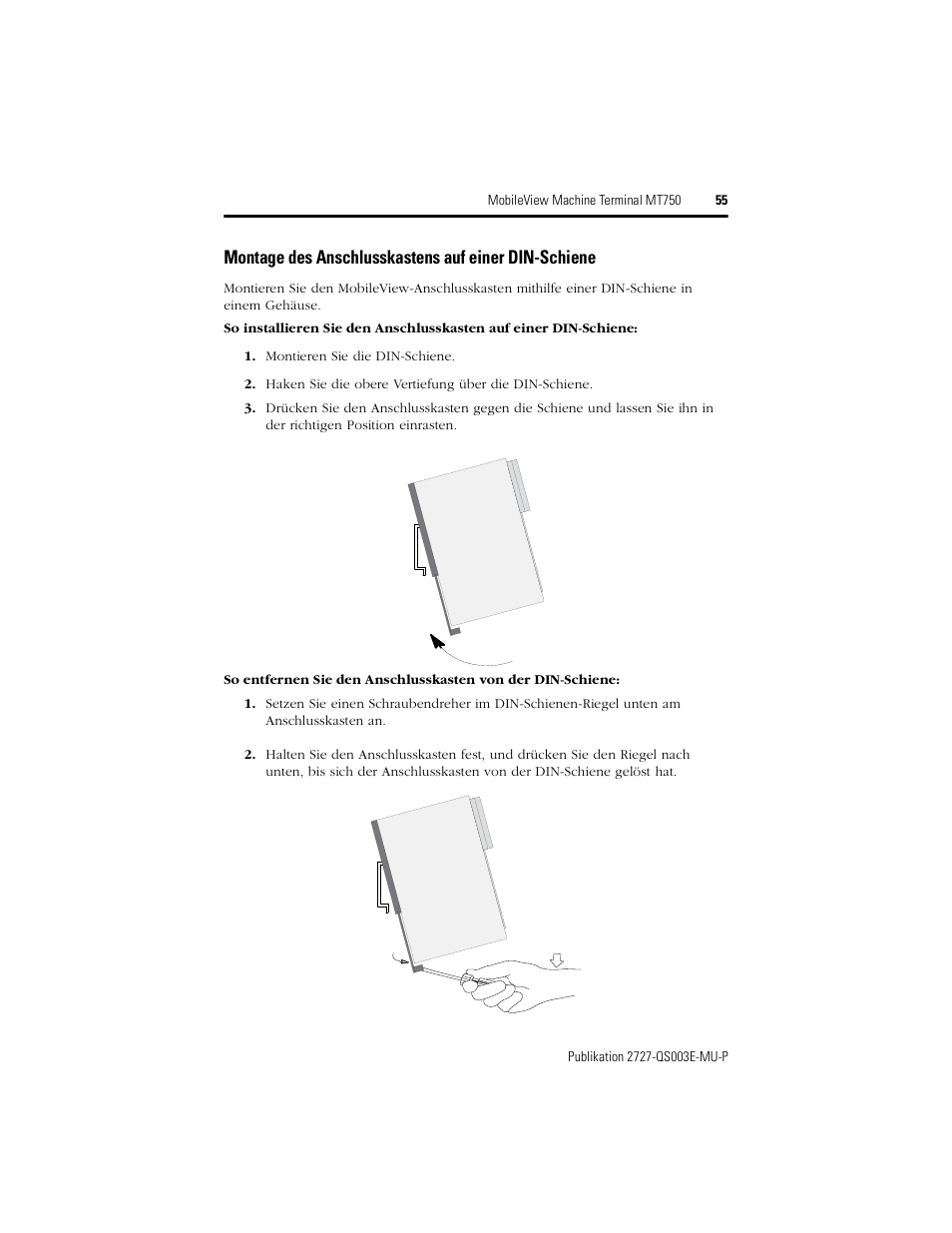 Montage des anschlusskastens auf einer din-schiene | Rockwell Automation 2727-M7P20D1P1, -M7P20D1Q2, -M7P20D1Q3 MobileView Machine Terminal MT750 Quick Start User Manual | Page 55 / 148