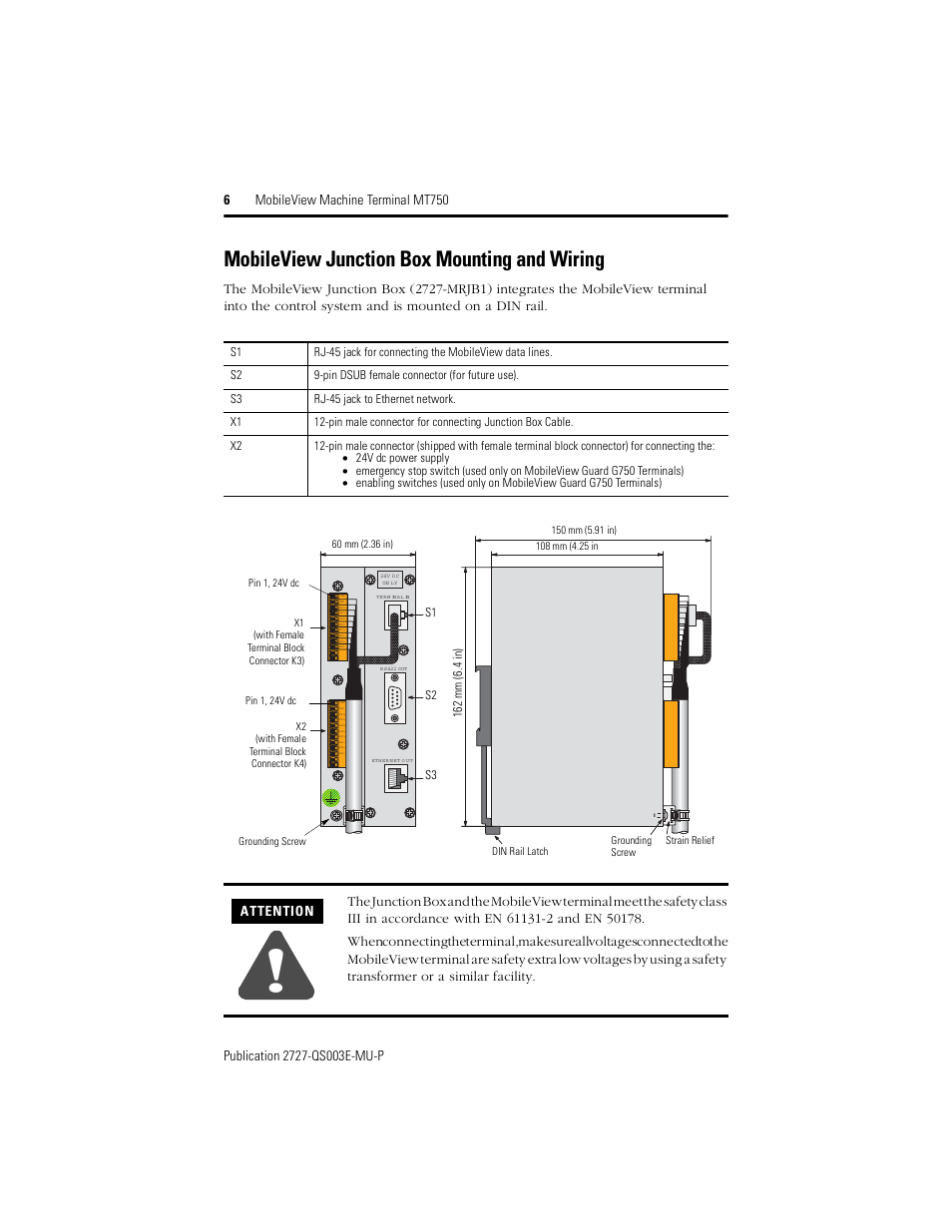 Mobileview junction box mounting and wiring, Attention | Rockwell Automation 2727-M7P20D1P1, -M7P20D1Q2, -M7P20D1Q3 MobileView Machine Terminal MT750 Quick Start User Manual | Page 6 / 148