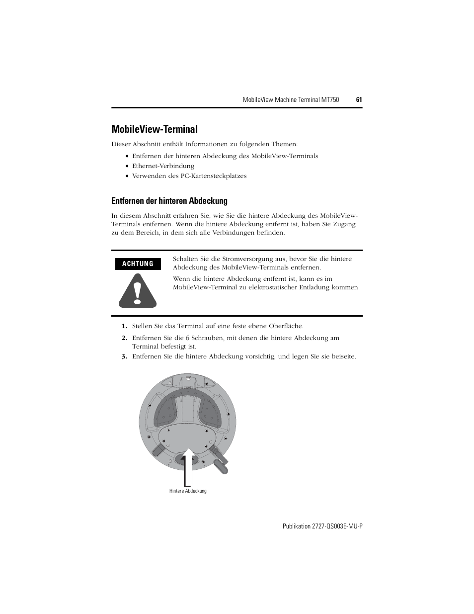 Mobileview-terminal, Entfernen der hinteren abdeckung | Rockwell Automation 2727-M7P20D1P1, -M7P20D1Q2, -M7P20D1Q3 MobileView Machine Terminal MT750 Quick Start User Manual | Page 61 / 148