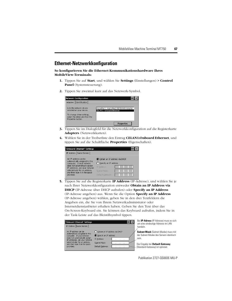 Ethernet-netzwerkkonfiguration | Rockwell Automation 2727-M7P20D1P1, -M7P20D1Q2, -M7P20D1Q3 MobileView Machine Terminal MT750 Quick Start User Manual | Page 67 / 148