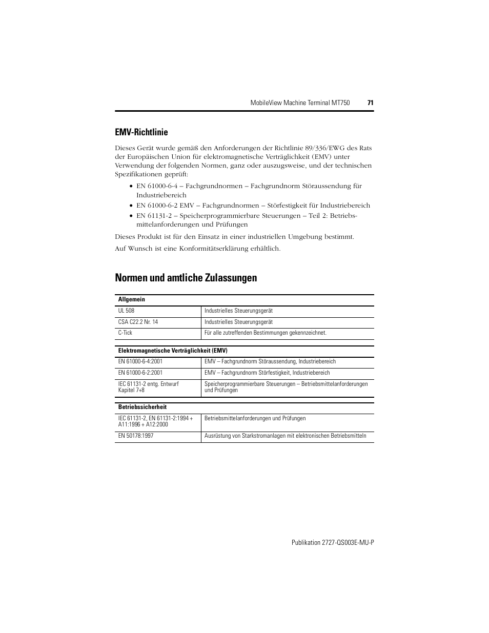Emv-richtlinie, Normen und amtliche zulassungen | Rockwell Automation 2727-M7P20D1P1, -M7P20D1Q2, -M7P20D1Q3 MobileView Machine Terminal MT750 Quick Start User Manual | Page 71 / 148