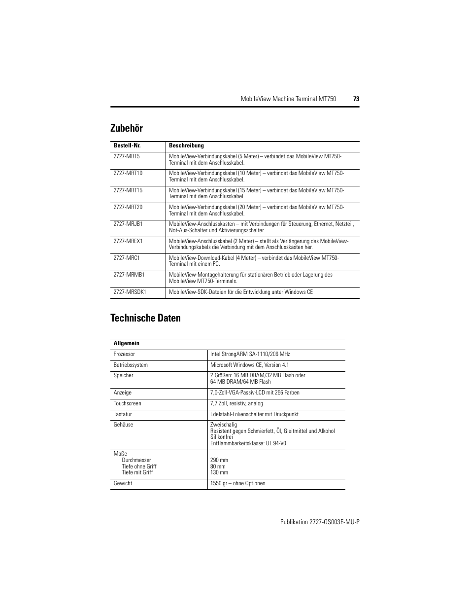 Zubehör, Technische daten, Zubehör technische daten | Rockwell Automation 2727-M7P20D1P1, -M7P20D1Q2, -M7P20D1Q3 MobileView Machine Terminal MT750 Quick Start User Manual | Page 73 / 148