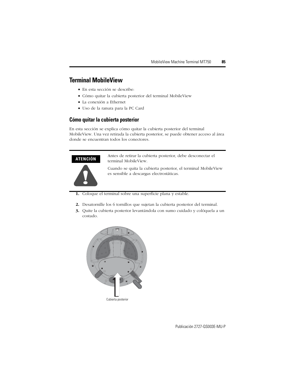 Terminal mobileview, Cómo quitar la cubierta posterior | Rockwell Automation 2727-M7P20D1P1, -M7P20D1Q2, -M7P20D1Q3 MobileView Machine Terminal MT750 Quick Start User Manual | Page 85 / 148