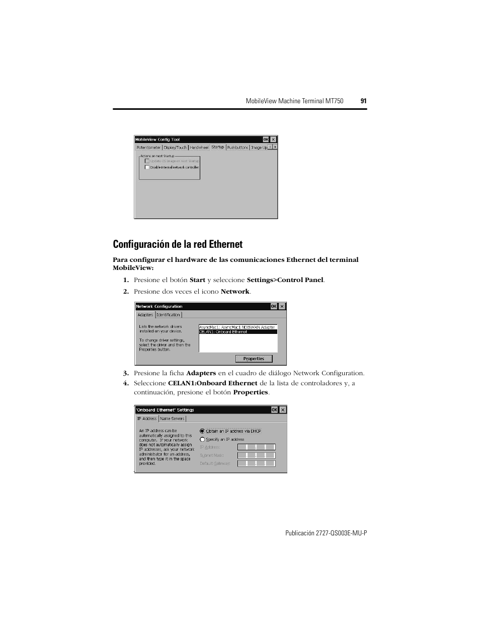 Configuración de la red ethernet | Rockwell Automation 2727-M7P20D1P1, -M7P20D1Q2, -M7P20D1Q3 MobileView Machine Terminal MT750 Quick Start User Manual | Page 91 / 148