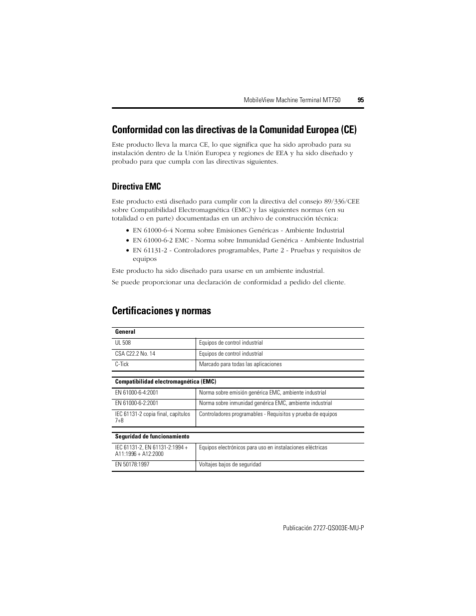 Directiva emc, Certificaciones y normas | Rockwell Automation 2727-M7P20D1P1, -M7P20D1Q2, -M7P20D1Q3 MobileView Machine Terminal MT750 Quick Start User Manual | Page 95 / 148