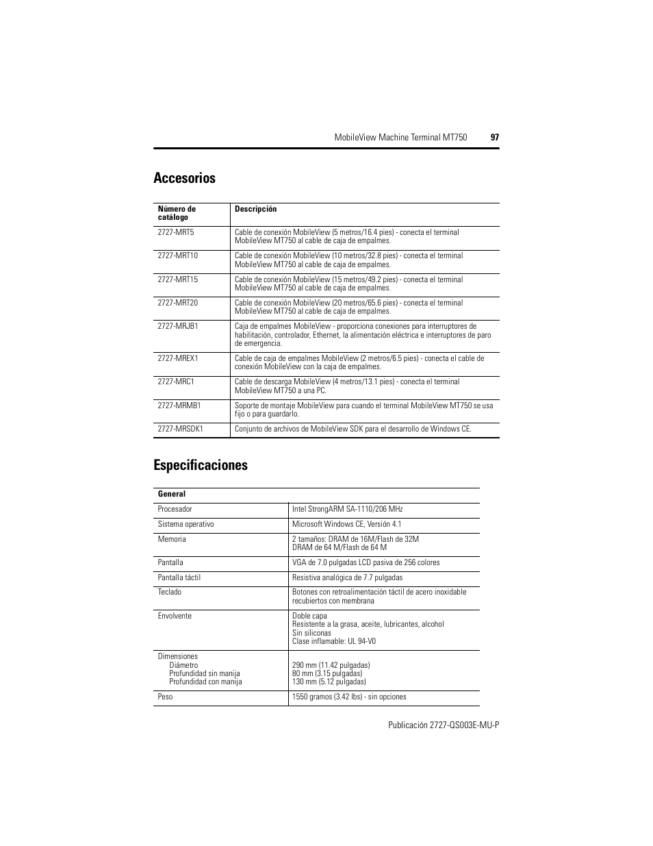 Accesorios, Especificaciones, Accesorios especificaciones | Rockwell Automation 2727-M7P20D1P1, -M7P20D1Q2, -M7P20D1Q3 MobileView Machine Terminal MT750 Quick Start User Manual | Page 97 / 148