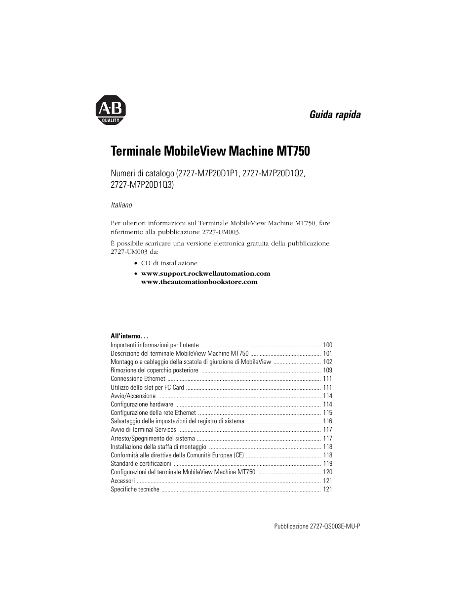 Italiano, Terminale mobileview machine mt750, Guida rapida | Rockwell Automation 2727-M7P20D1P1, -M7P20D1Q2, -M7P20D1Q3 MobileView Machine Terminal MT750 Quick Start User Manual | Page 99 / 148