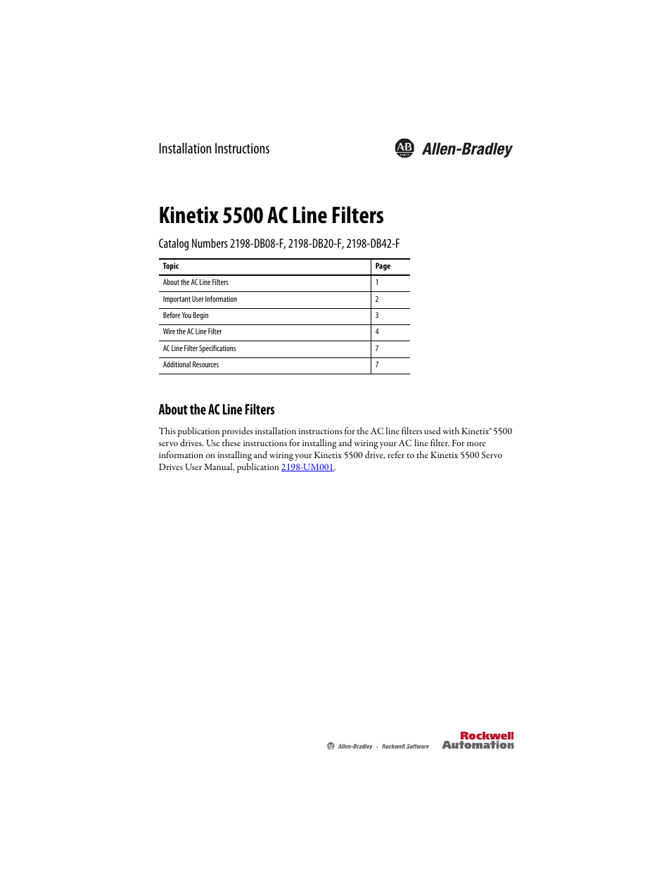 Rockwell Automation 2198-DB42-F Kinetix 5500 AC Line Filters Installation Instructions User Manual | 8 pages