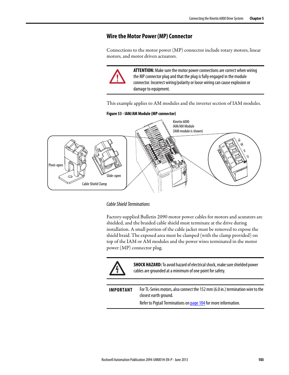 Wire the motor power (mp) connector, Cable shield terminations | Rockwell Automation 2094-xMxx-S Kinetix 6000 Multi-axis Servo Drives User Manual User Manual | Page 103 / 286