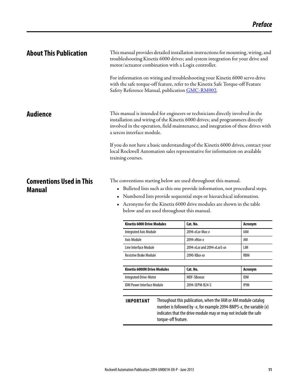 Preface, About this publication, Audience | Conventions used in this manual, Preface about this publication | Rockwell Automation 2094-xMxx-S Kinetix 6000 Multi-axis Servo Drives User Manual User Manual | Page 11 / 286