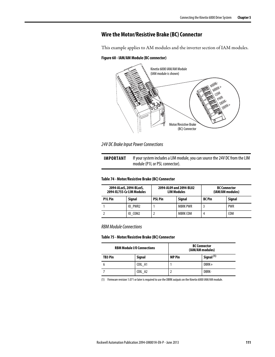 Wire the motor/resistive brake (bc) connector, 24v dc brake input power connections, Rbm module connections | To wire the motor/resistive brake (bc) connector | Rockwell Automation 2094-xMxx-S Kinetix 6000 Multi-axis Servo Drives User Manual User Manual | Page 111 / 286