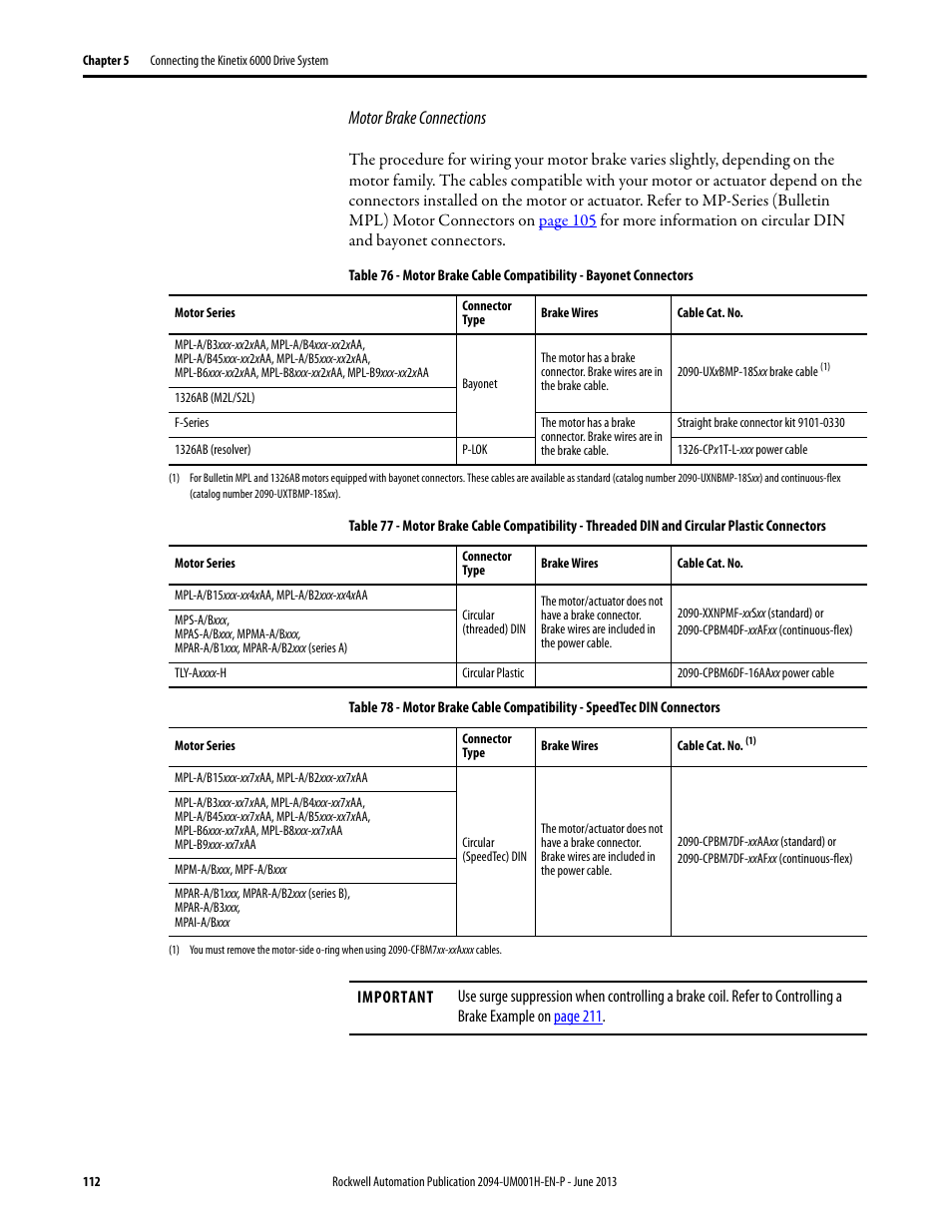 Motor brake connections | Rockwell Automation 2094-xMxx-S Kinetix 6000 Multi-axis Servo Drives User Manual User Manual | Page 112 / 286