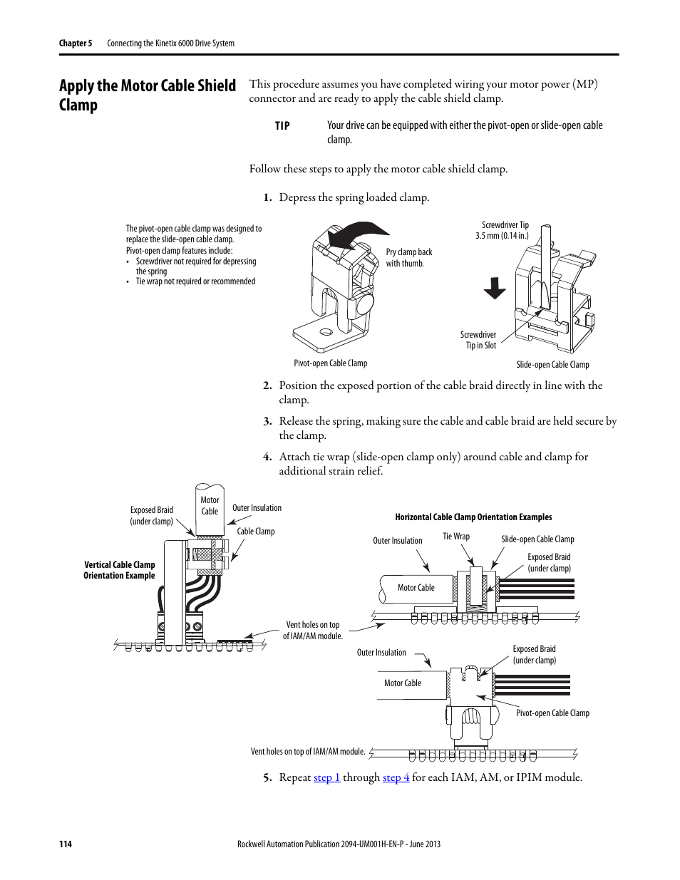 Apply the motor cable shield clamp | Rockwell Automation 2094-xMxx-S Kinetix 6000 Multi-axis Servo Drives User Manual User Manual | Page 114 / 286