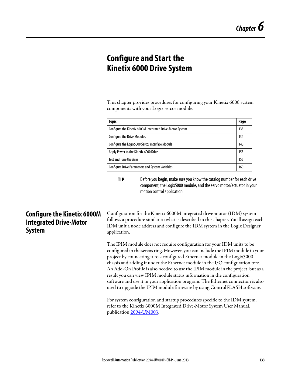 Chapter 6, Configure and start the kinetix 6000 drive system, Chapter | Rockwell Automation 2094-xMxx-S Kinetix 6000 Multi-axis Servo Drives User Manual User Manual | Page 133 / 286