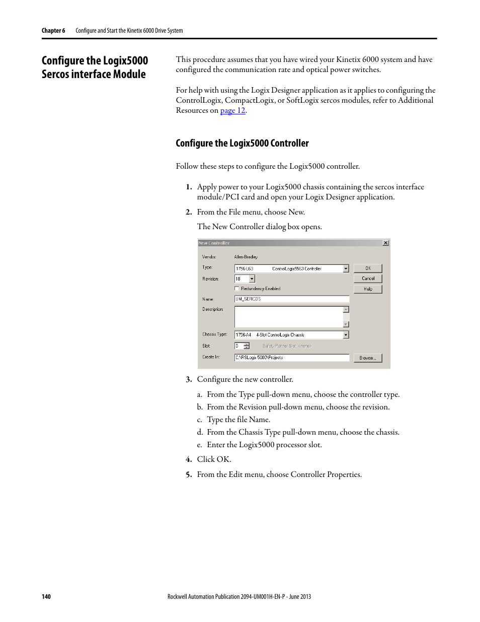 Configure the logix5000 sercos interface module, Configure the logix5000 controller | Rockwell Automation 2094-xMxx-S Kinetix 6000 Multi-axis Servo Drives User Manual User Manual | Page 140 / 286