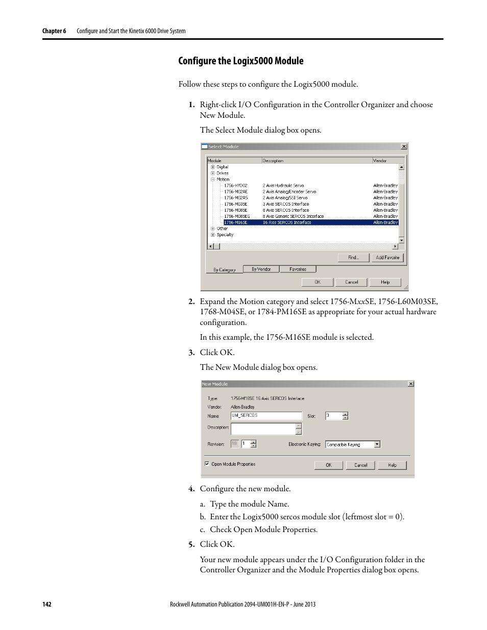 Configure the logix5000 module | Rockwell Automation 2094-xMxx-S Kinetix 6000 Multi-axis Servo Drives User Manual User Manual | Page 142 / 286