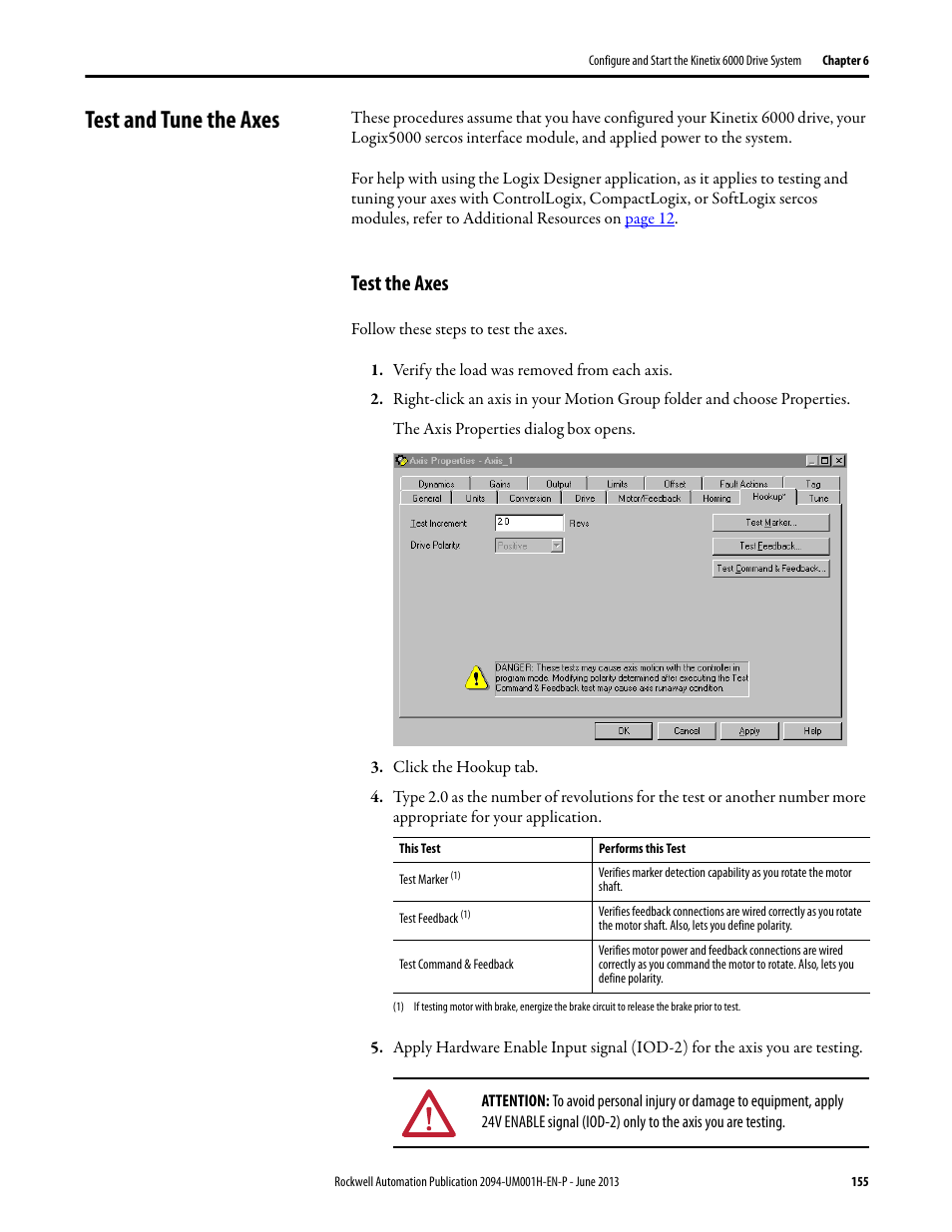 Test and tune the axes, Test the axes | Rockwell Automation 2094-xMxx-S Kinetix 6000 Multi-axis Servo Drives User Manual User Manual | Page 155 / 286