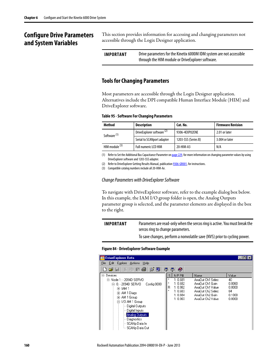 Configure drive parameters and system variables, Tools for changing parameters, Change parameters with driveexplorer software | Rockwell Automation 2094-xMxx-S Kinetix 6000 Multi-axis Servo Drives User Manual User Manual | Page 160 / 286