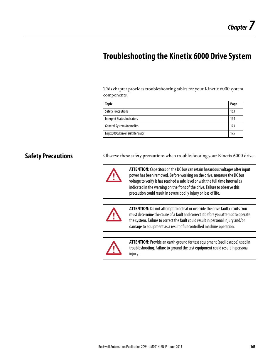 Safety precautions, Chapter 7, Troubleshooting the kinetix 6000 drive system | Chapter | Rockwell Automation 2094-xMxx-S Kinetix 6000 Multi-axis Servo Drives User Manual User Manual | Page 163 / 286