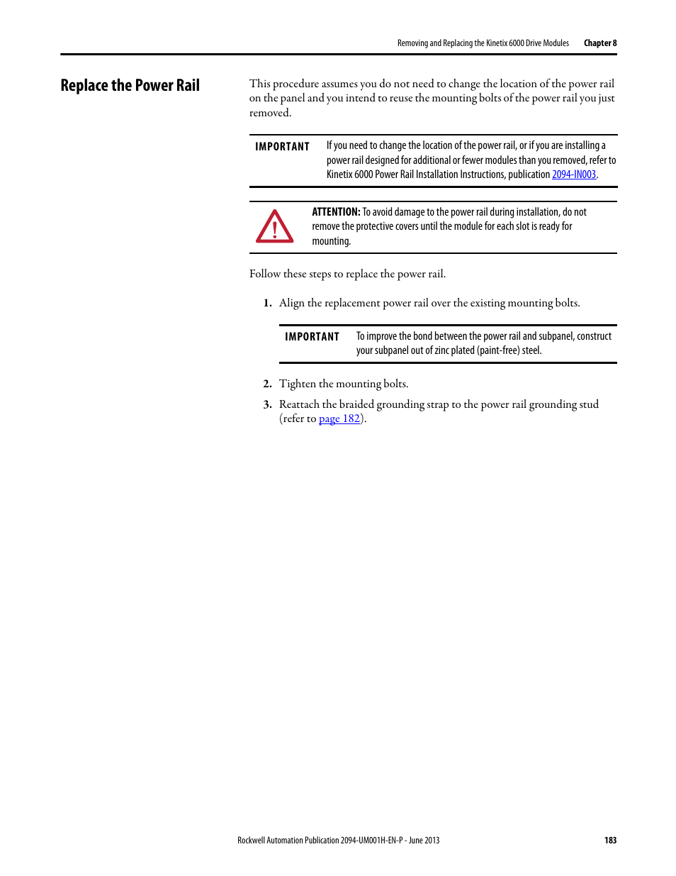 Replace the power rail | Rockwell Automation 2094-xMxx-S Kinetix 6000 Multi-axis Servo Drives User Manual User Manual | Page 183 / 286