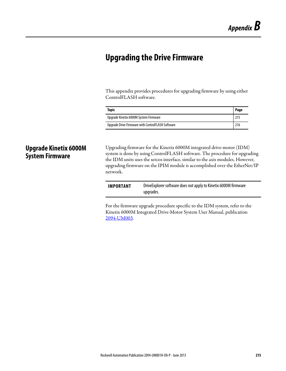 Appb - upgrading the drive firmware, Upgrade kinetix 6000m system firmware, Appendix b | Upgrading the drive firmware, Appendix | Rockwell Automation 2094-xMxx-S Kinetix 6000 Multi-axis Servo Drives User Manual User Manual | Page 215 / 286