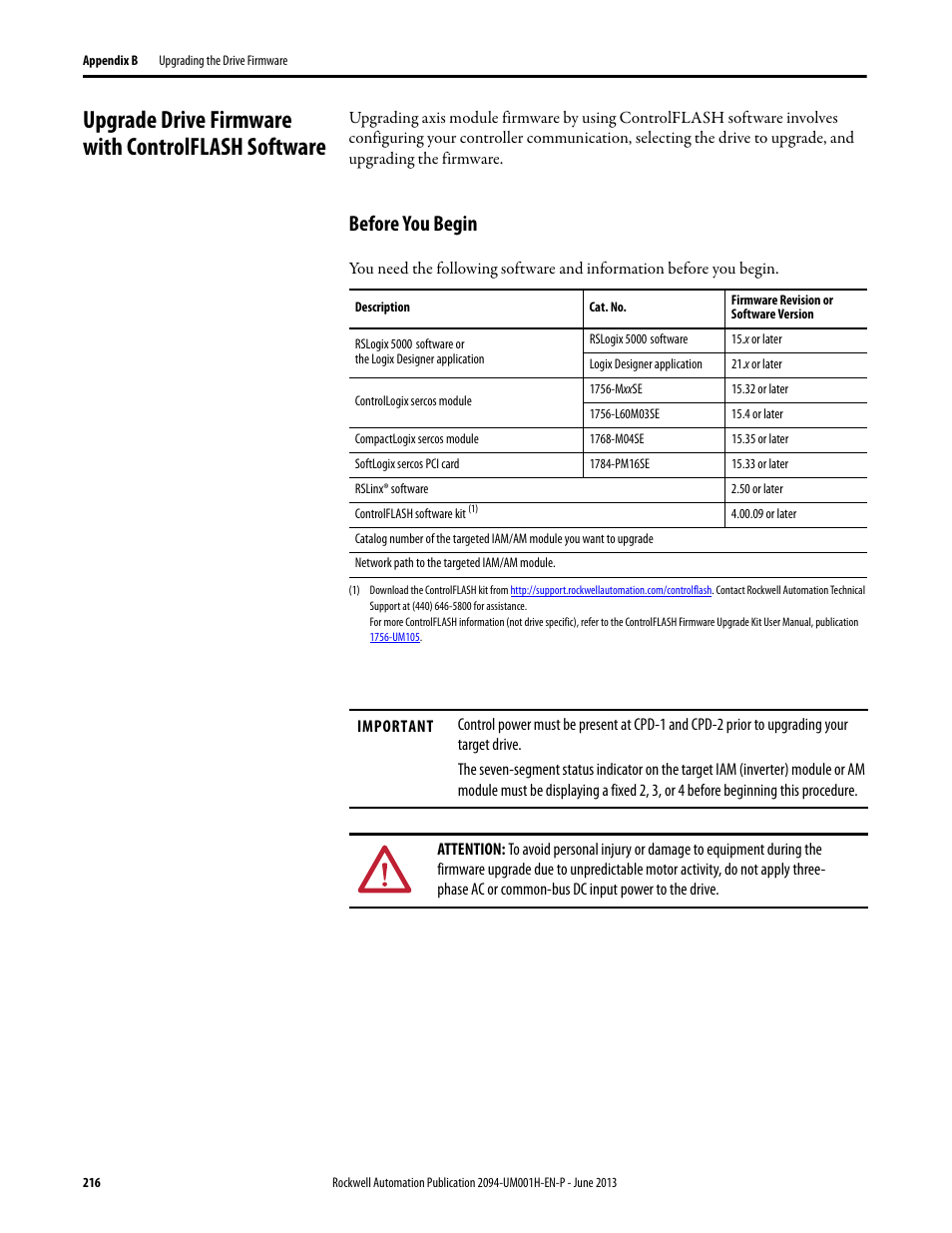 Upgrade drive firmware with controlflash software, Before you begin | Rockwell Automation 2094-xMxx-S Kinetix 6000 Multi-axis Servo Drives User Manual User Manual | Page 216 / 286