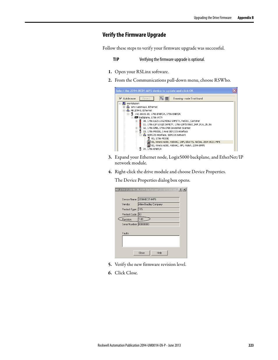 Verify the firmware upgrade | Rockwell Automation 2094-xMxx-S Kinetix 6000 Multi-axis Servo Drives User Manual User Manual | Page 223 / 286