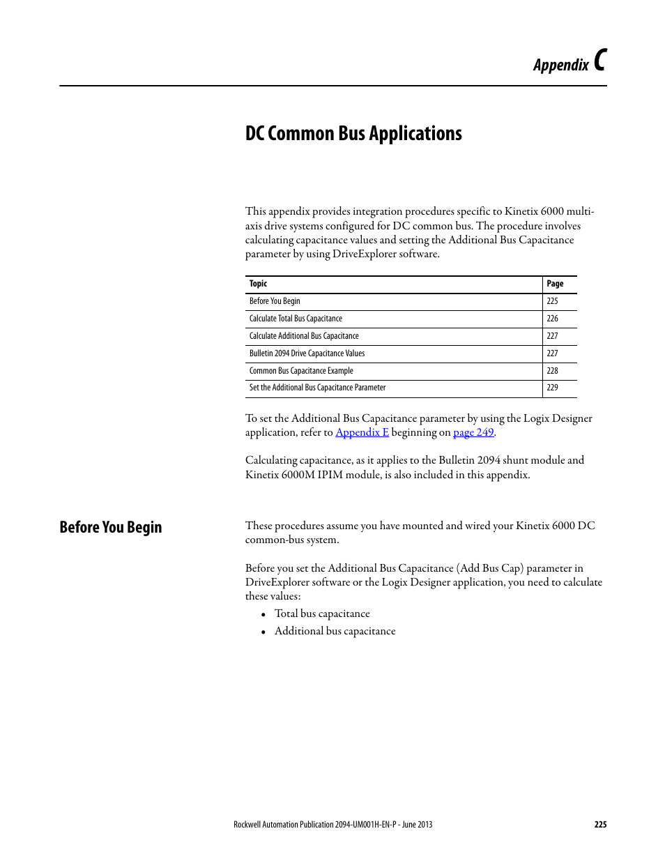 Appc - dc common bus applications, Before you begin, Appendix c | Dc common bus applications, Beginning on, Appendix | Rockwell Automation 2094-xMxx-S Kinetix 6000 Multi-axis Servo Drives User Manual User Manual | Page 225 / 286