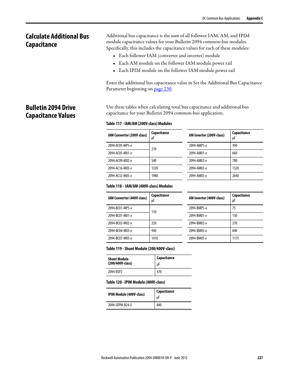 Calculate additional bus capacitance, Bulletin 2094 drive capacitance values | Rockwell Automation 2094-xMxx-S Kinetix 6000 Multi-axis Servo Drives User Manual User Manual | Page 227 / 286
