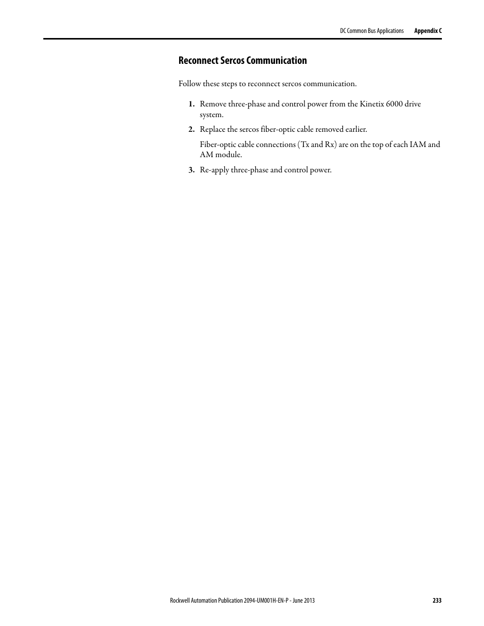 Reconnect sercos communication | Rockwell Automation 2094-xMxx-S Kinetix 6000 Multi-axis Servo Drives User Manual User Manual | Page 233 / 286