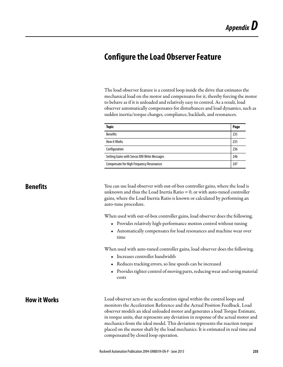Appd - configure the load observer feature, Benefits, How it works | Appendix d, Configure the load observer feature, Benefits how it works, Appendix | Rockwell Automation 2094-xMxx-S Kinetix 6000 Multi-axis Servo Drives User Manual User Manual | Page 235 / 286