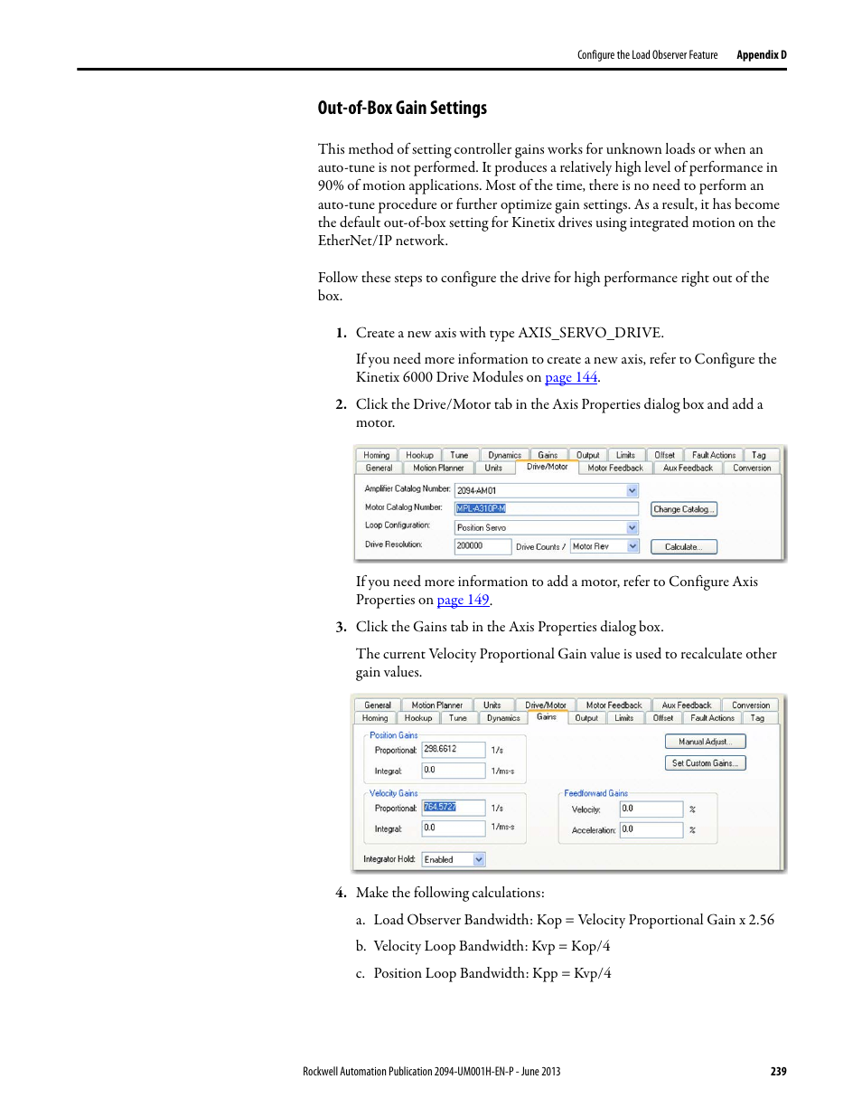 Out-of-box gain settings | Rockwell Automation 2094-xMxx-S Kinetix 6000 Multi-axis Servo Drives User Manual User Manual | Page 239 / 286