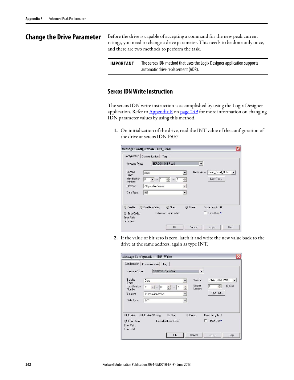 Change the drive parameter, Sercos idn write instruction | Rockwell Automation 2094-xMxx-S Kinetix 6000 Multi-axis Servo Drives User Manual User Manual | Page 262 / 286