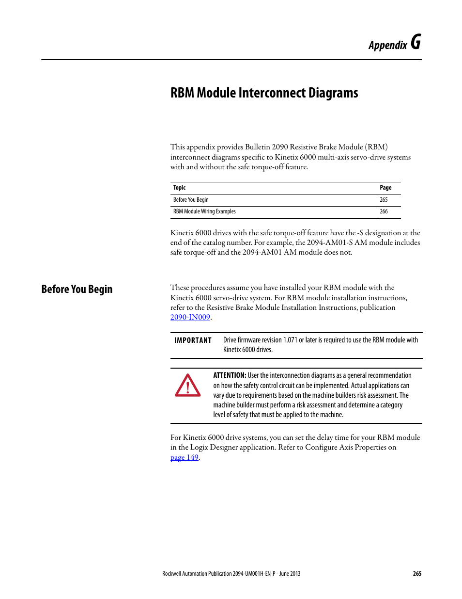 Appg - rbm module interconnect diagrams, Before you begin, Appendix g | Rbm module interconnect diagrams, Ing on, In appendix g, be, Appendix | Rockwell Automation 2094-xMxx-S Kinetix 6000 Multi-axis Servo Drives User Manual User Manual | Page 265 / 286