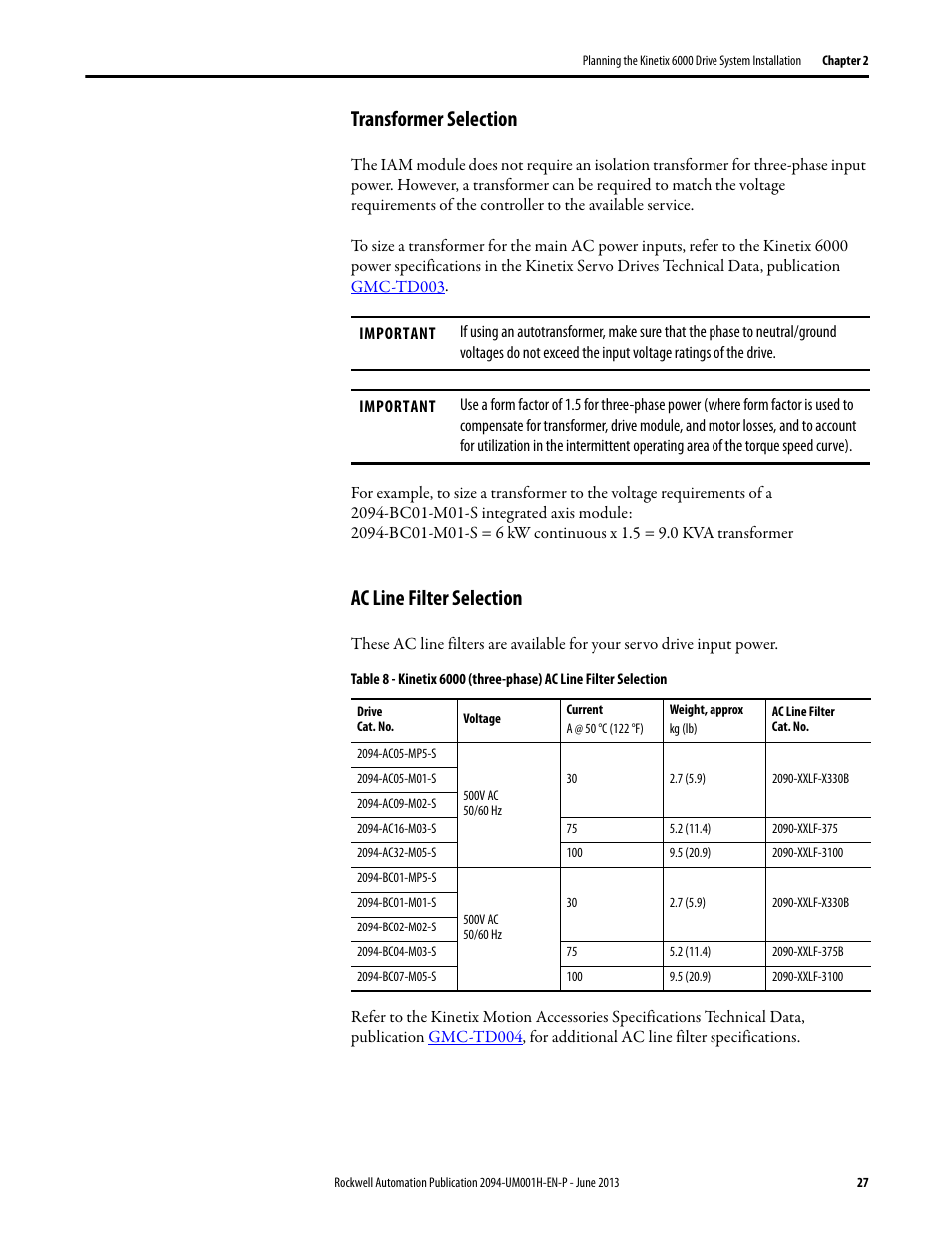 Transformer selection, Ac line filter selection, Transformer selection ac line filter selection | Rockwell Automation 2094-xMxx-S Kinetix 6000 Multi-axis Servo Drives User Manual User Manual | Page 27 / 286