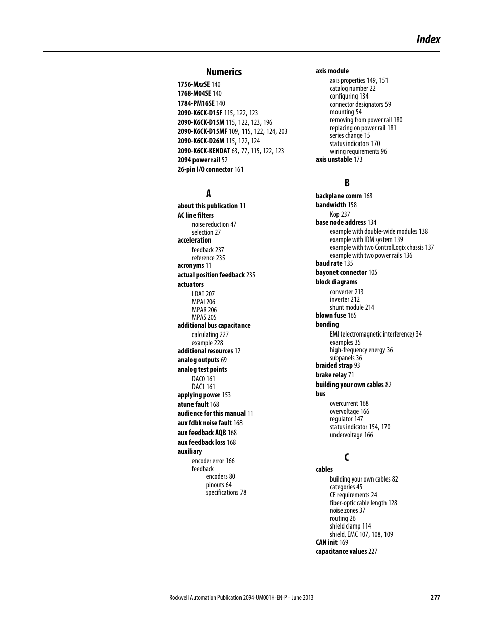 Index, Numerics | Rockwell Automation 2094-xMxx-S Kinetix 6000 Multi-axis Servo Drives User Manual User Manual | Page 277 / 286