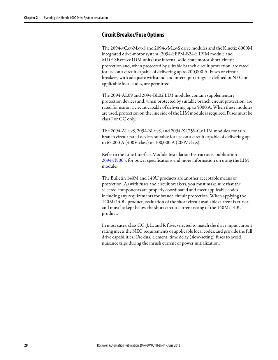 Circuit breaker/fuse options | Rockwell Automation 2094-xMxx-S Kinetix 6000 Multi-axis Servo Drives User Manual User Manual | Page 28 / 286